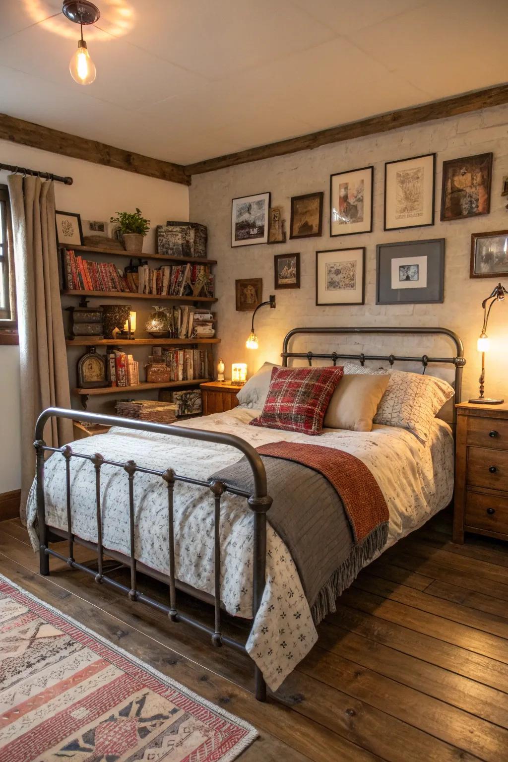 A metal bed frame provides an industrial touch to this rustic bedroom.