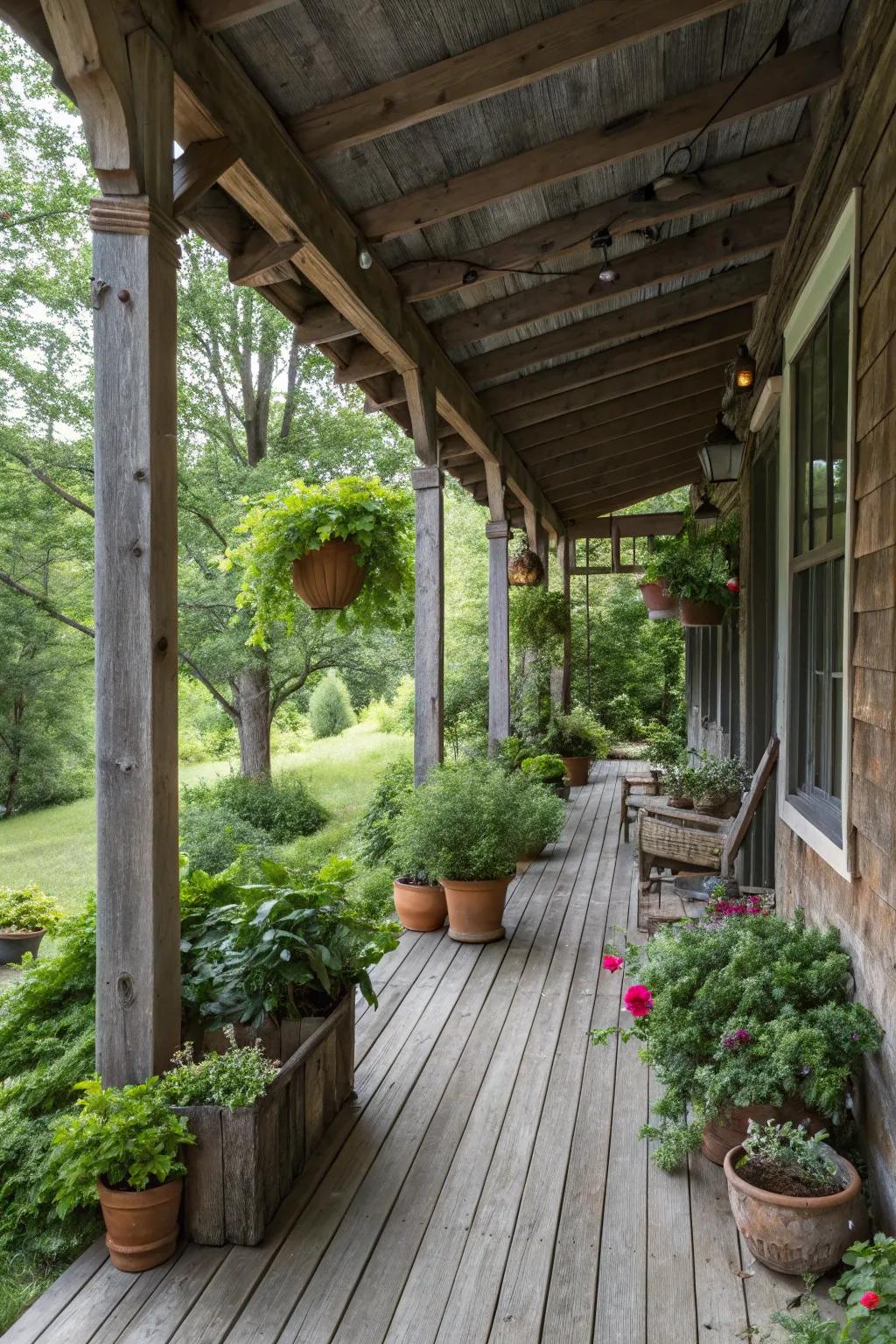 Opulent cultivated flora infuse vitality and hue into your rustic porch.