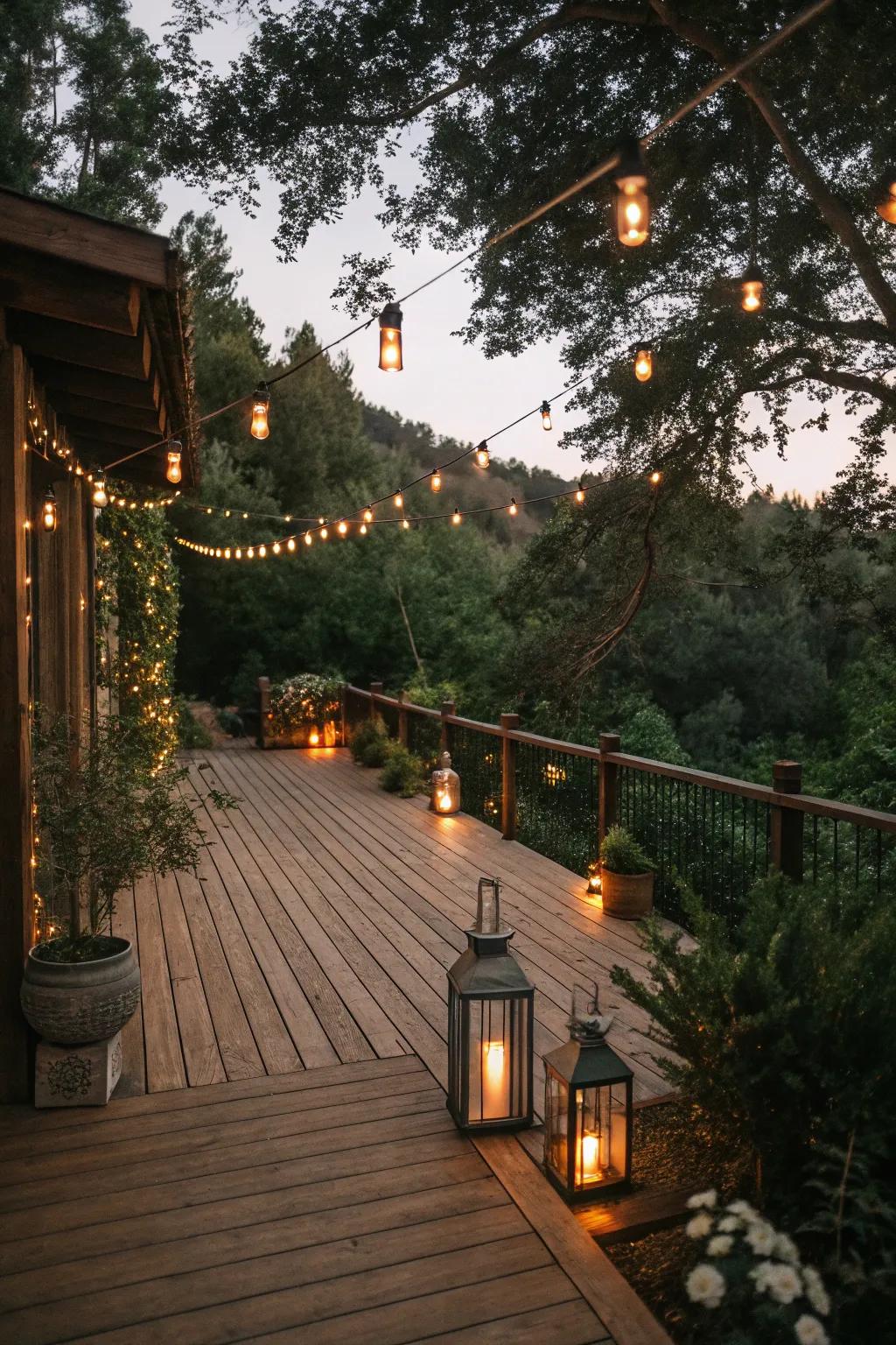 Illuminating strands and candle lanterns infuse this countryside patio with a captivating radiance.