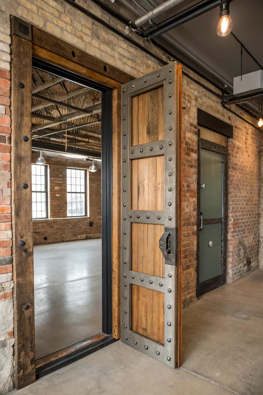 A doorway casing merging timber and metal for an industrial rural visual.