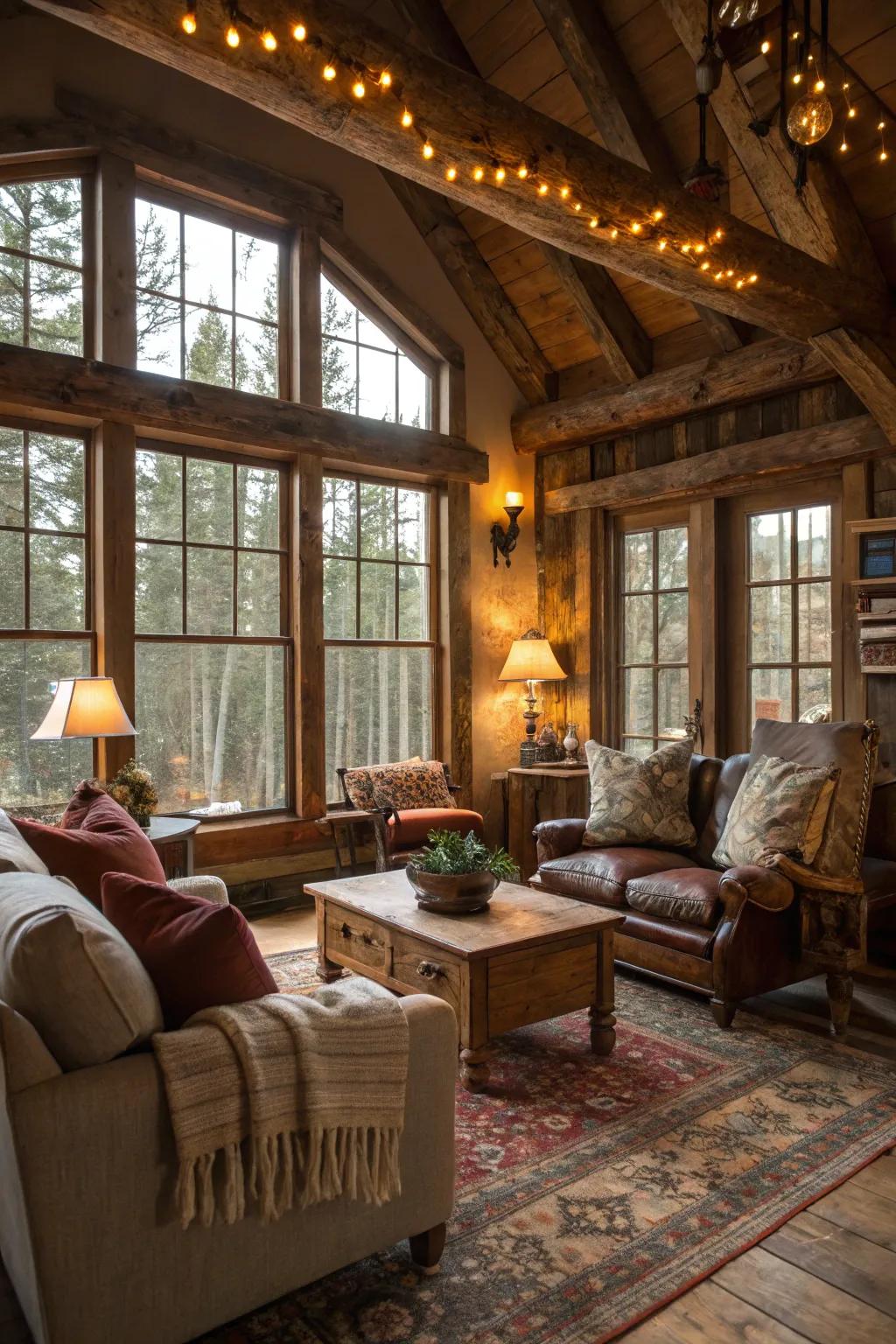 Gentle illumination and expansive windows amplify the room's inviting ambiance.