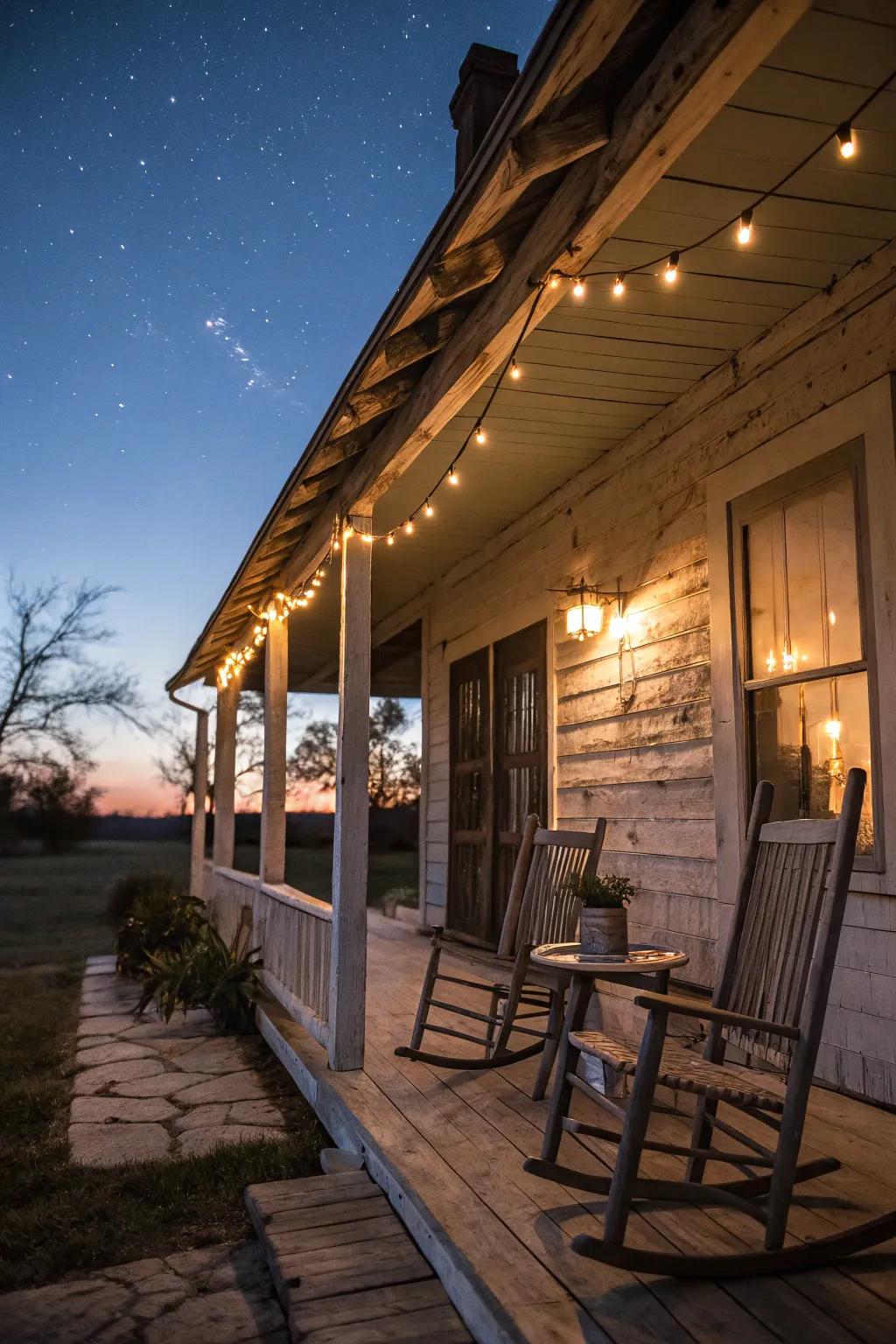 Wired lighting delivers a captivating warmth to this country porch.