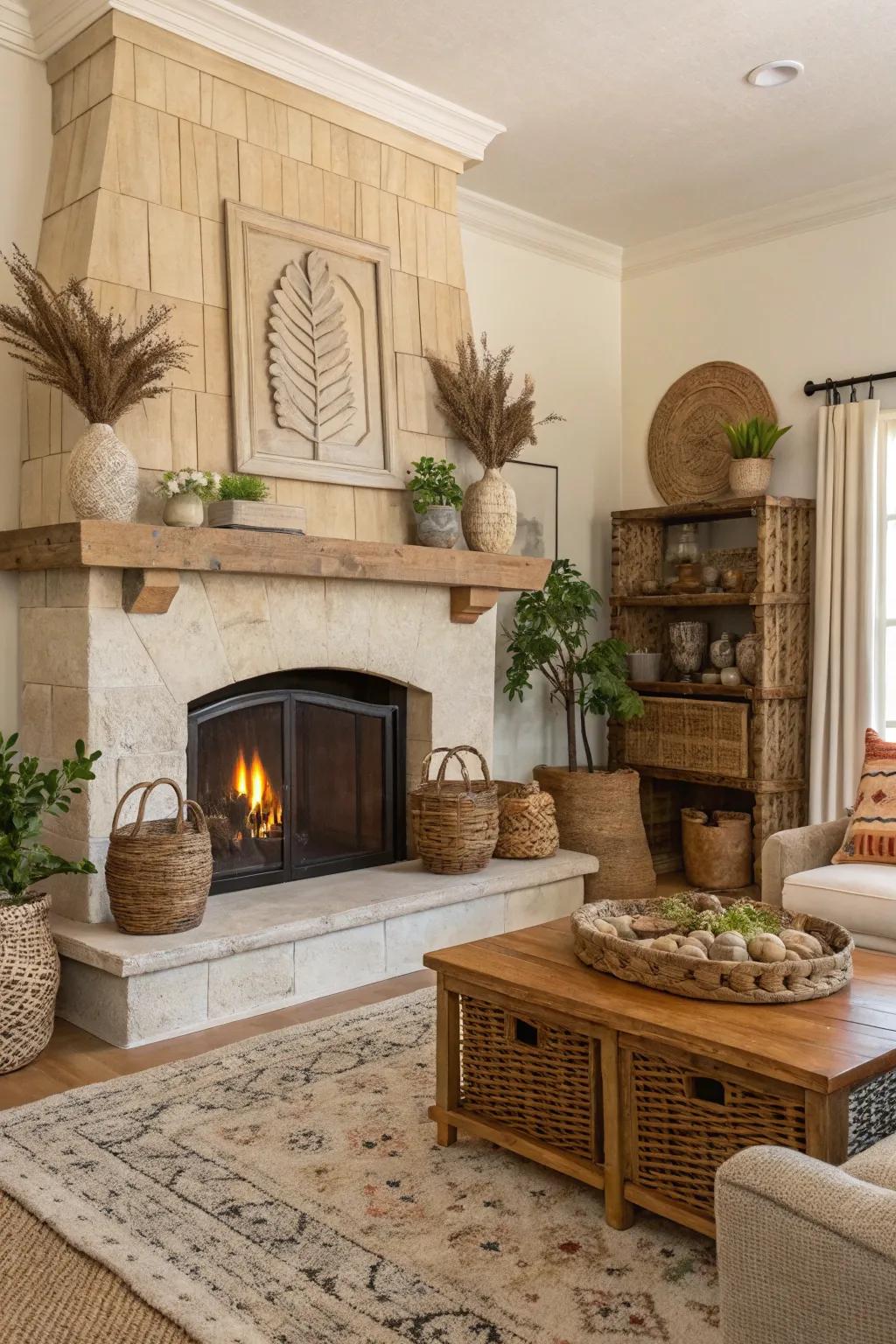 A spacious hearth functions as both a focal point and useful area in this countryside layout.