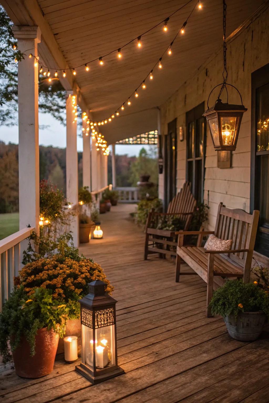 Lanterns and string lights create a warm, magical ambiance on a rustic porch.