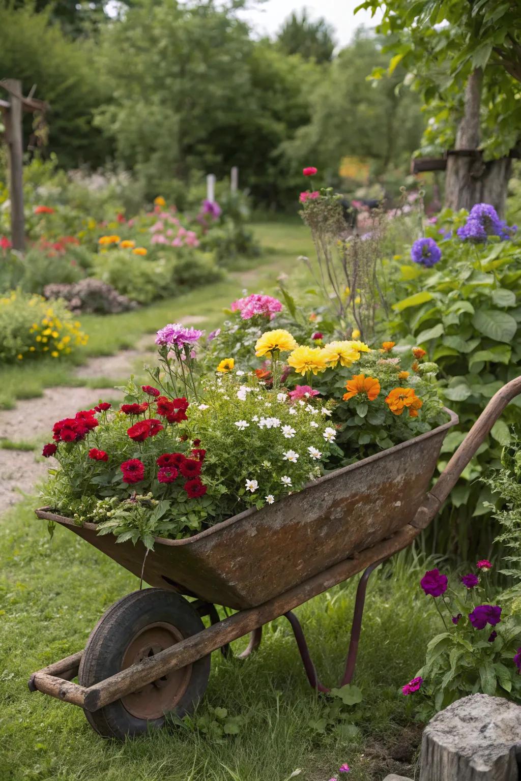 A barrow brimming with blossoms enhances the garden’s allure.