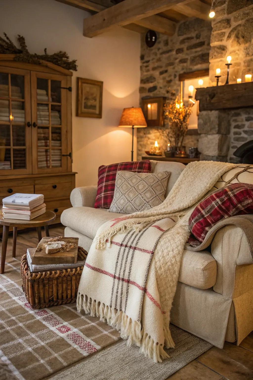 Layered, soft textiles featured in a rustic living room.