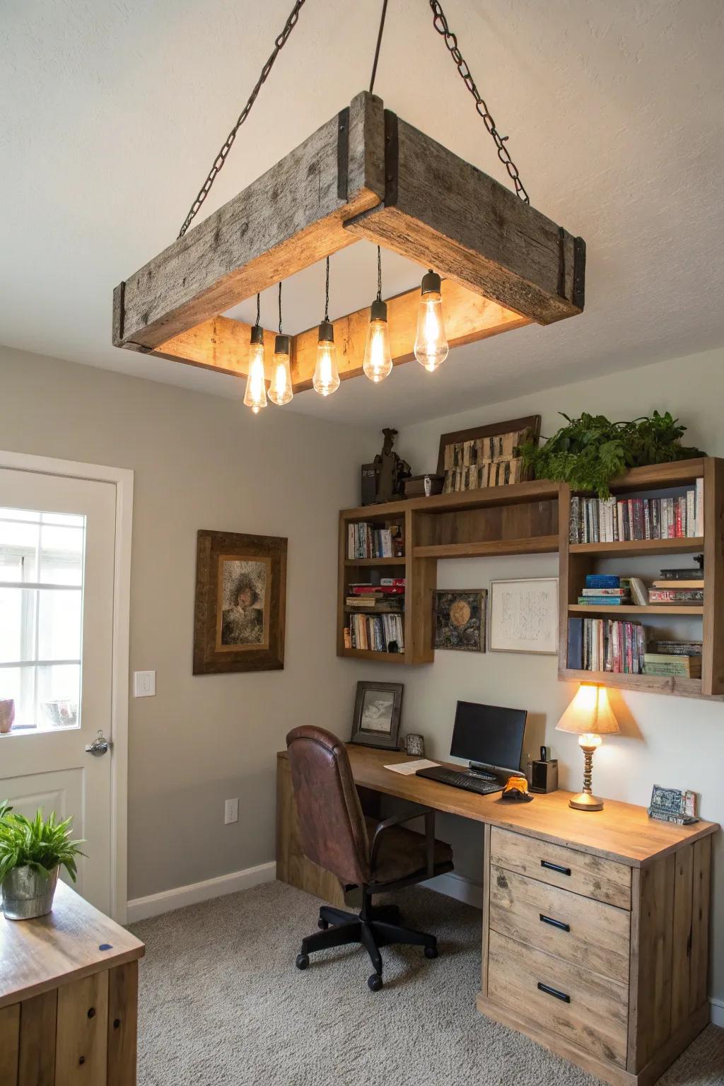 A bespoke salvaged lumber mounting injects a singular detail into this domicile study.