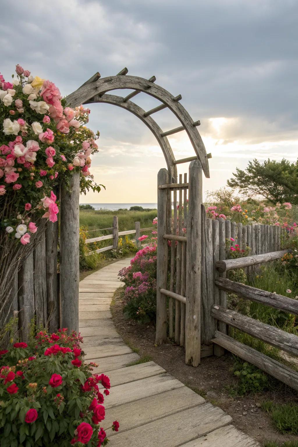 An arched log fence creates a magical entryway, framed by vibrant flowers.
