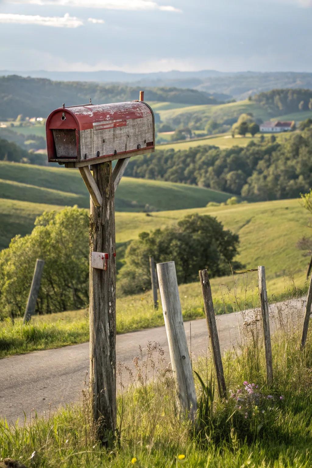 Distressed wood imparts this mailbox support with ageless, rustic charm.