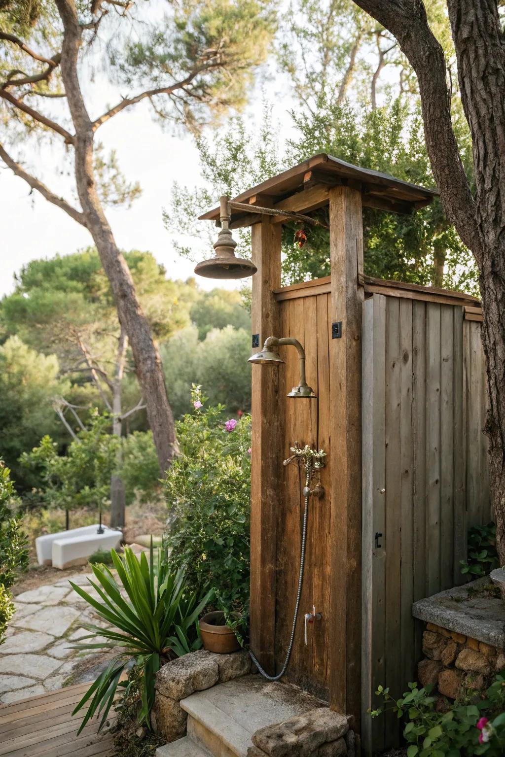 A rustic shower delivers a revitalizing escape within nature.