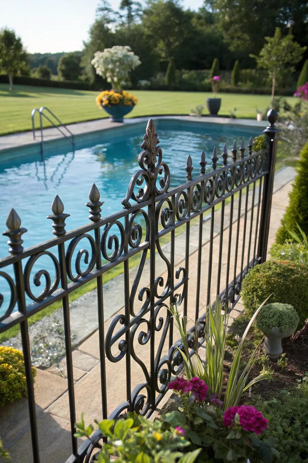 An elegant forged iron fence elevating the sophistication of the pool vicinity.
