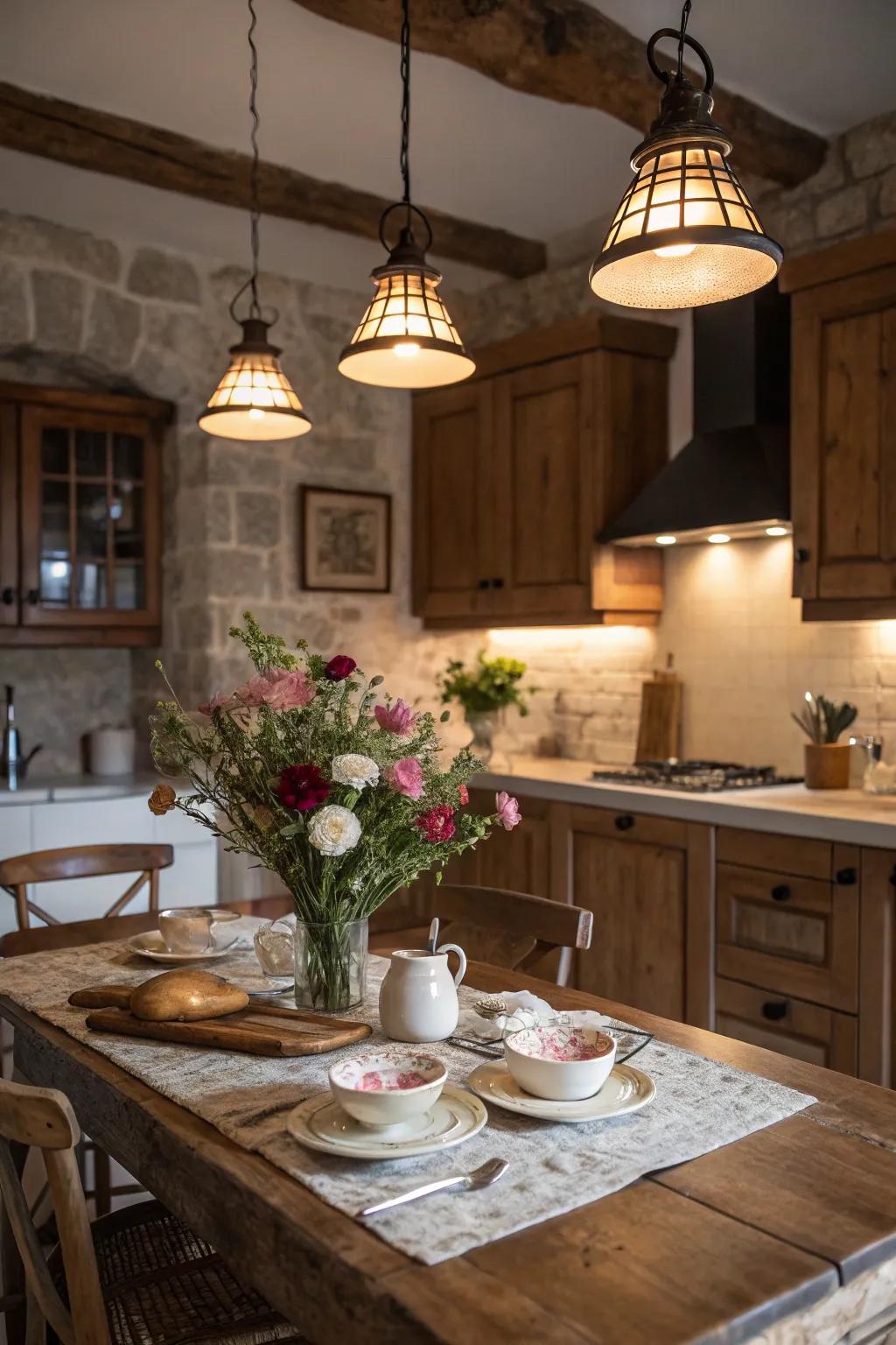 Period lighting fixtures contribute a nostalgic charm to the kitchen.
