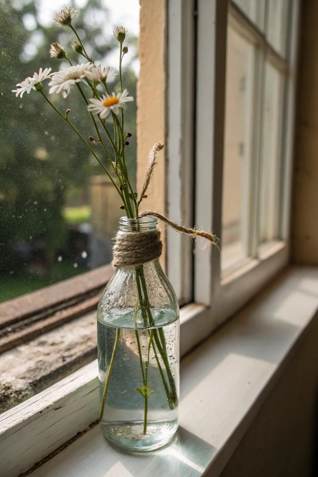 Cords around glass bottles shine in basic countryside decoration.