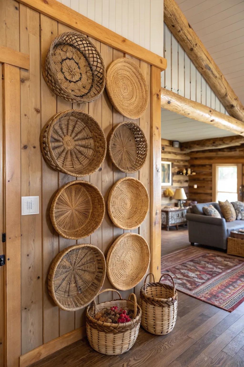 A collection of woven containers creates a striking and textured wall display.