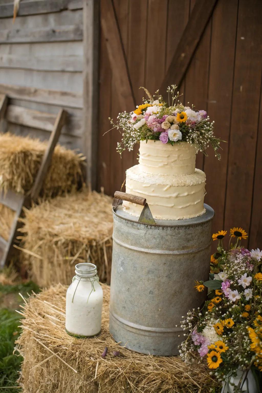 Charming antique dairy container base for a rustic cake display.