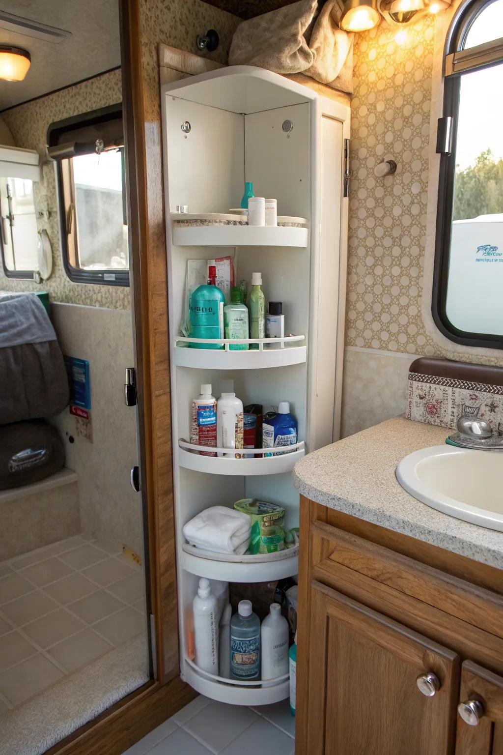 Utilize corner spaces effectively with swiveling shelves.