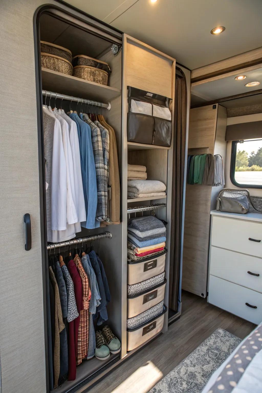 Collapsible organizers optimize storage versatility in an RV closet.
