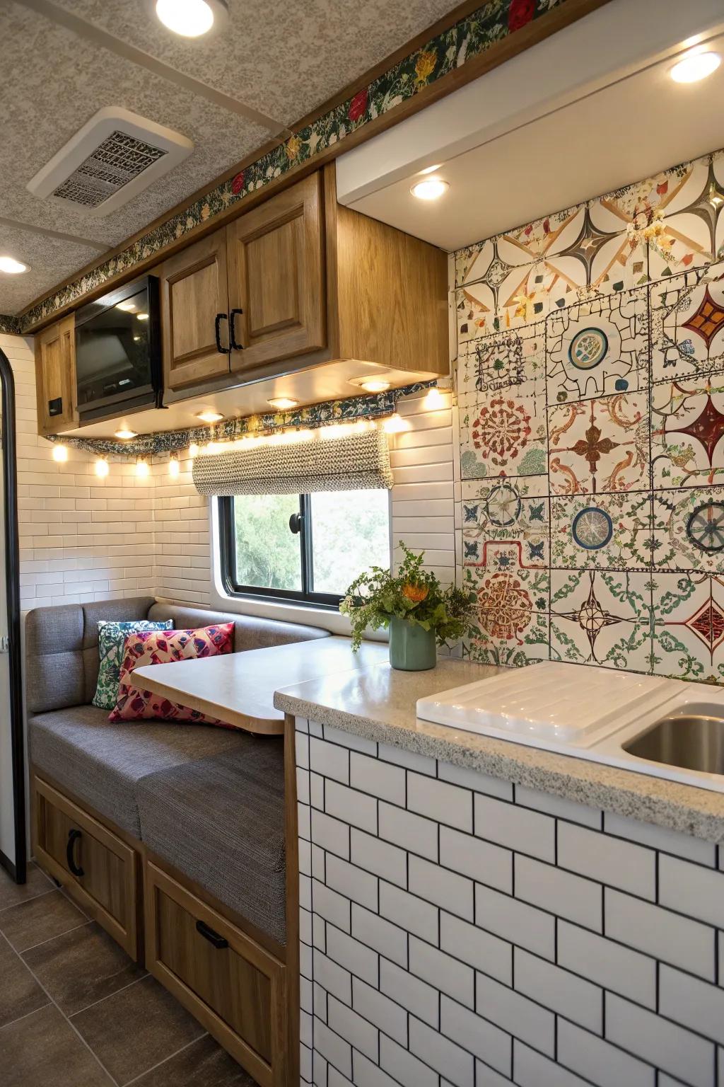 Textured surfaces introduce depth and appeal to this RV interior.