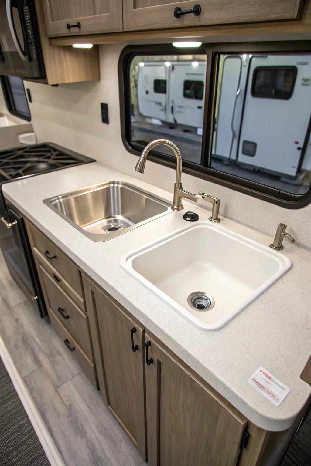 A twin basin sink delivers versatile functionality.