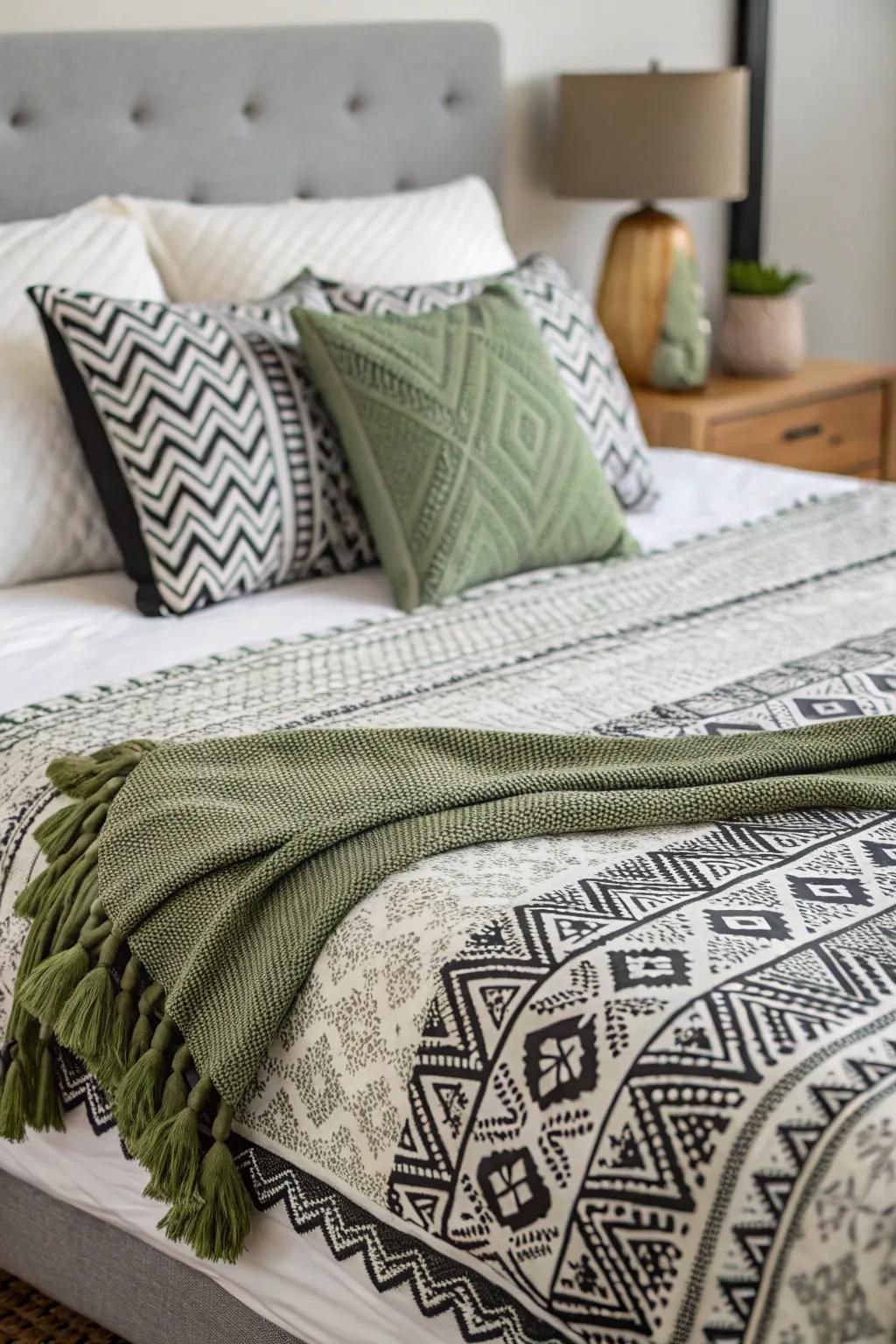 Varied fabrics contribute warmth and dimension to a tranquil bedroom.