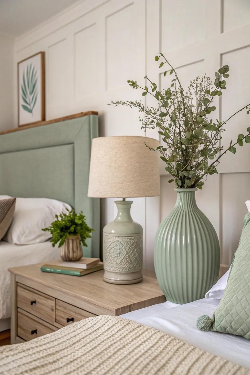Minimalist sage green decor brings a touch of delicate sophistication to a serene bedroom.