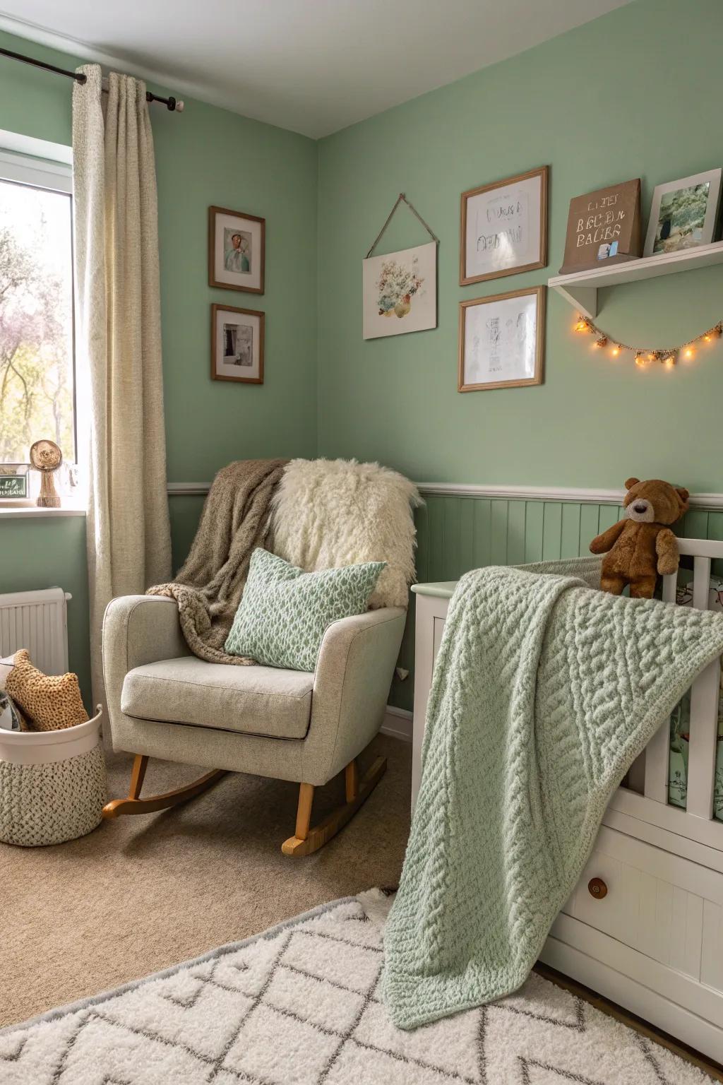 Soft textiles in verdant mist add warmth and coziness to the nursery.