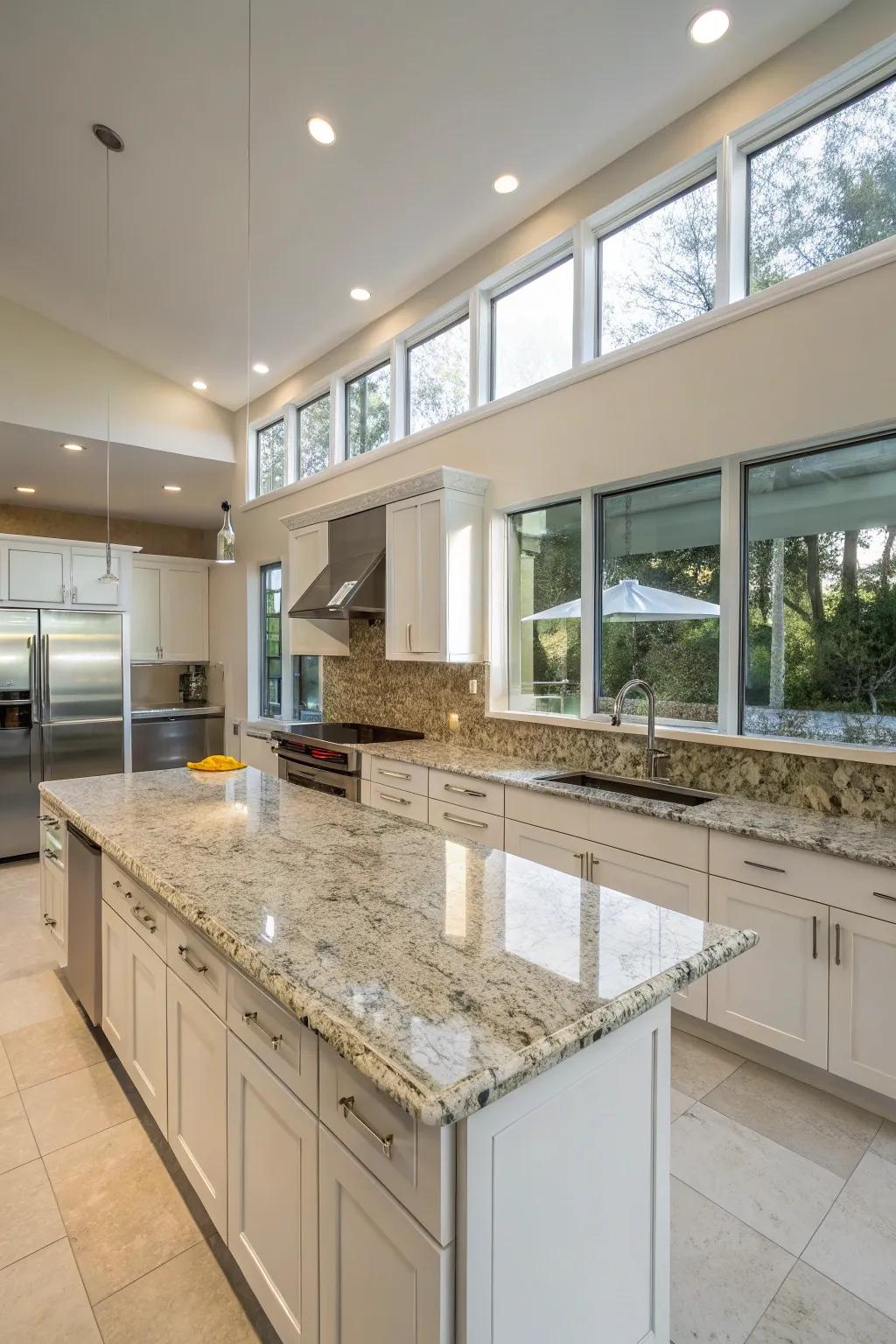 A full-height granite backsplash delivers a bold and opulent aesthetic.
