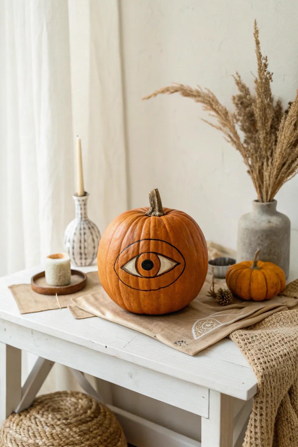 Delight in the fantastical appeal of the one-eyed monster with this simplistic pumpkin carving—ideal for adding a bit of fun and beauty to your fall décor!