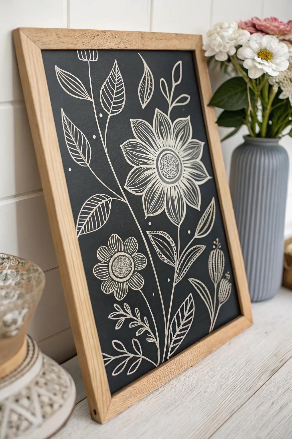 Embrace nature's elegance with whimsical floral scratch-board art that blends minimalism and boho charm.
