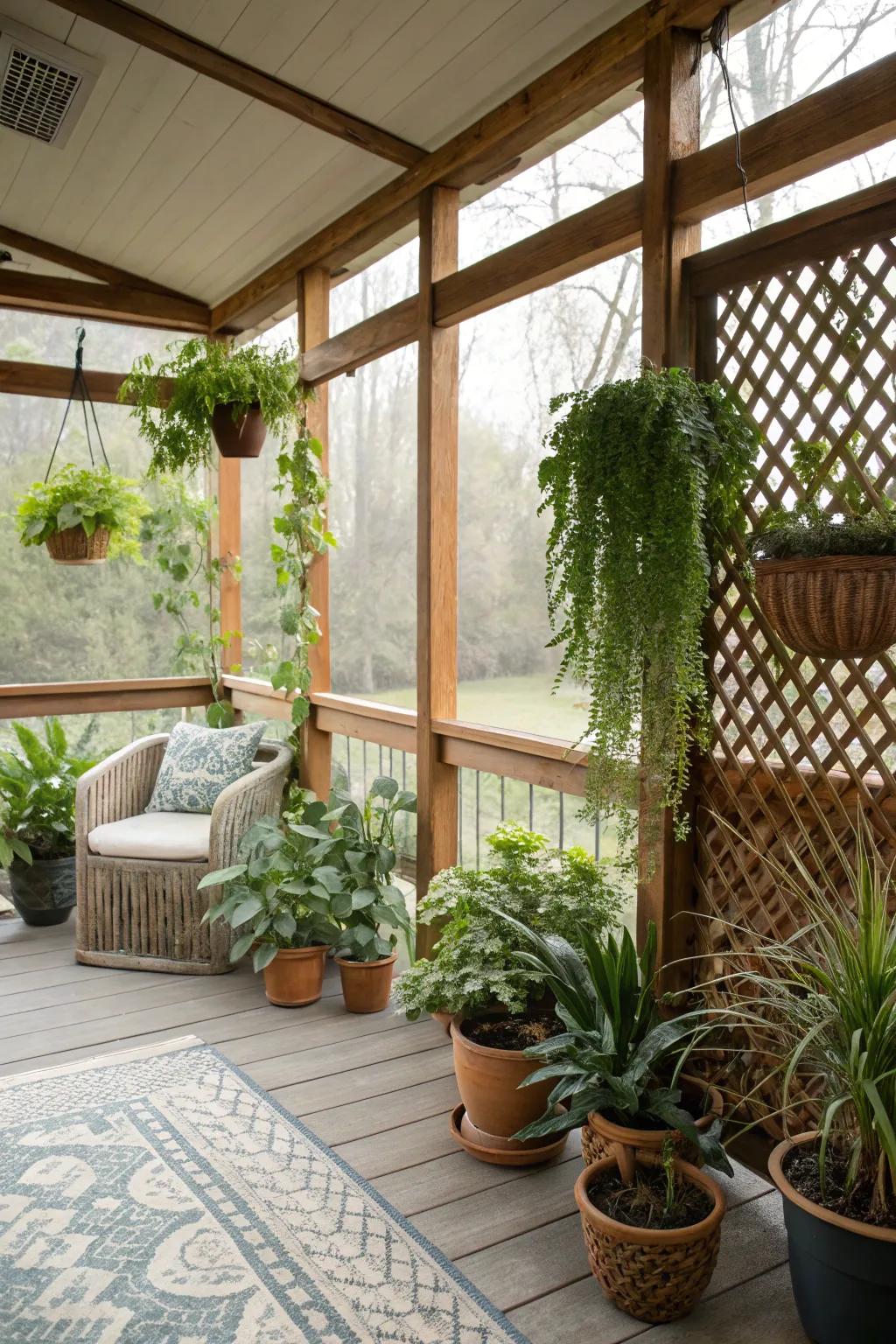 Lush greenery brings vibrancy to the screened porch.