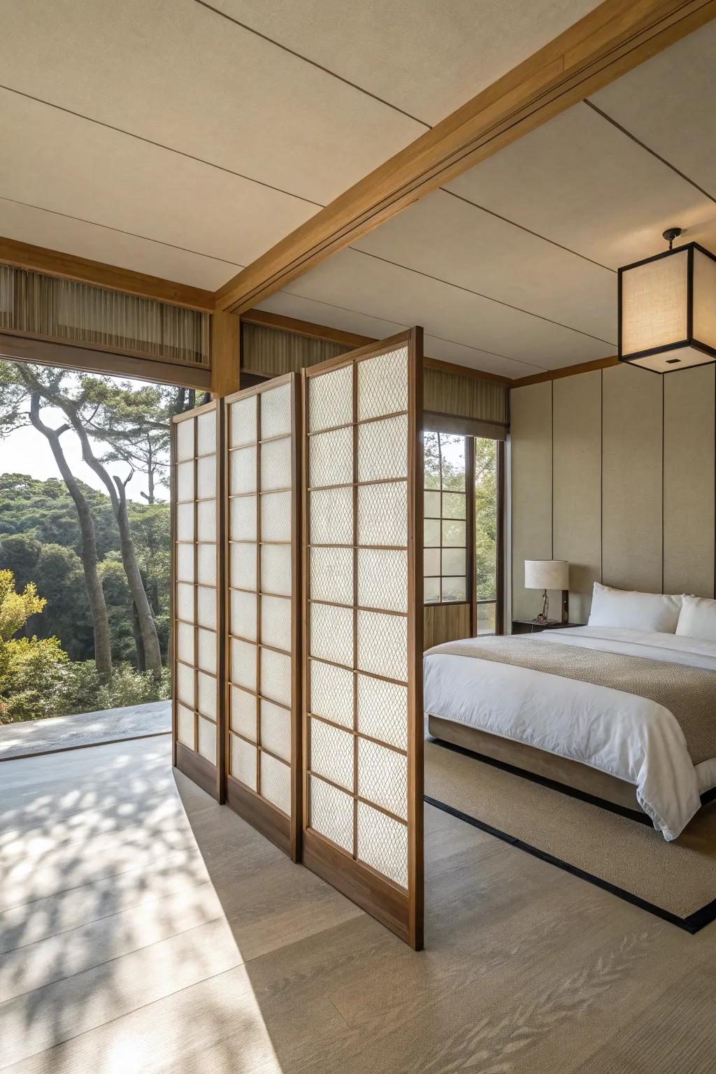 A minimalist screen wall imbues the bedroom with a sense of tranquility.