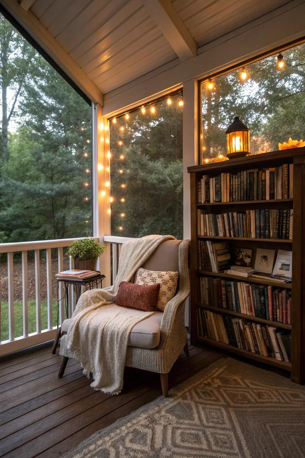 A reading nook on the porch offers a tranquil getaway for book enthusiasts.