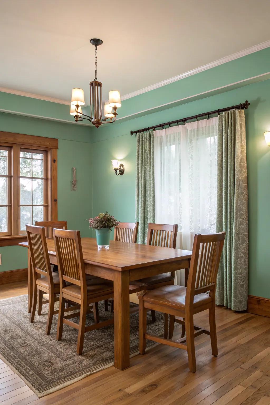 A polished dining room featuring seafoam green walls and sophisticated furnishings.