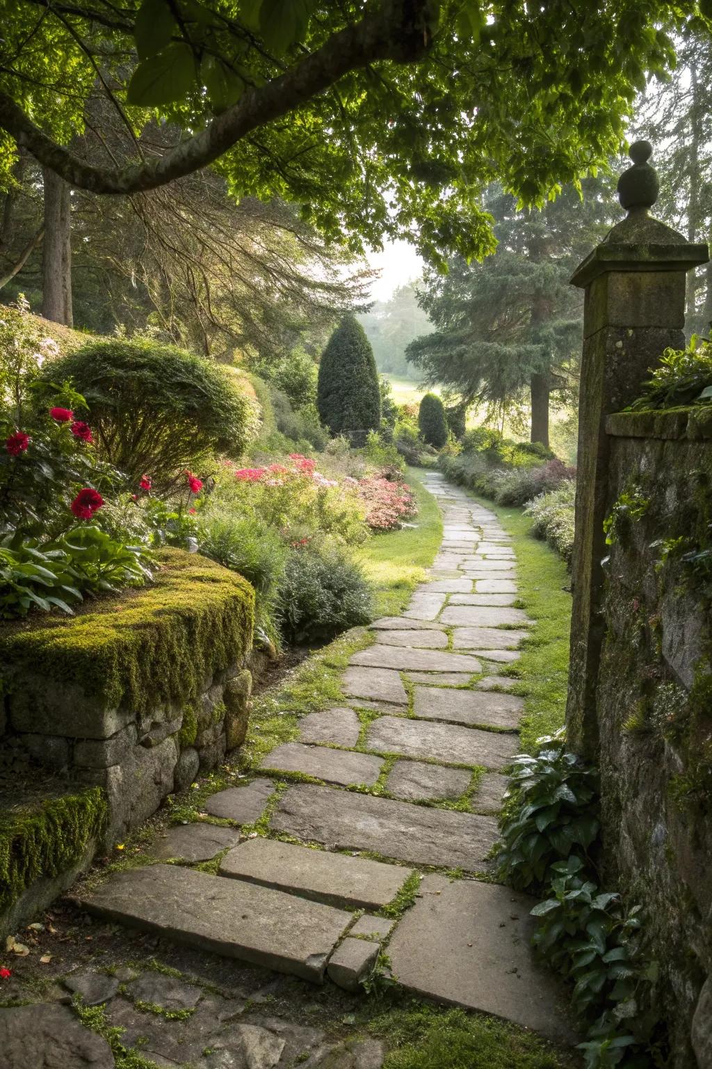 Stone pathways contribute structure and charm to garden settings.