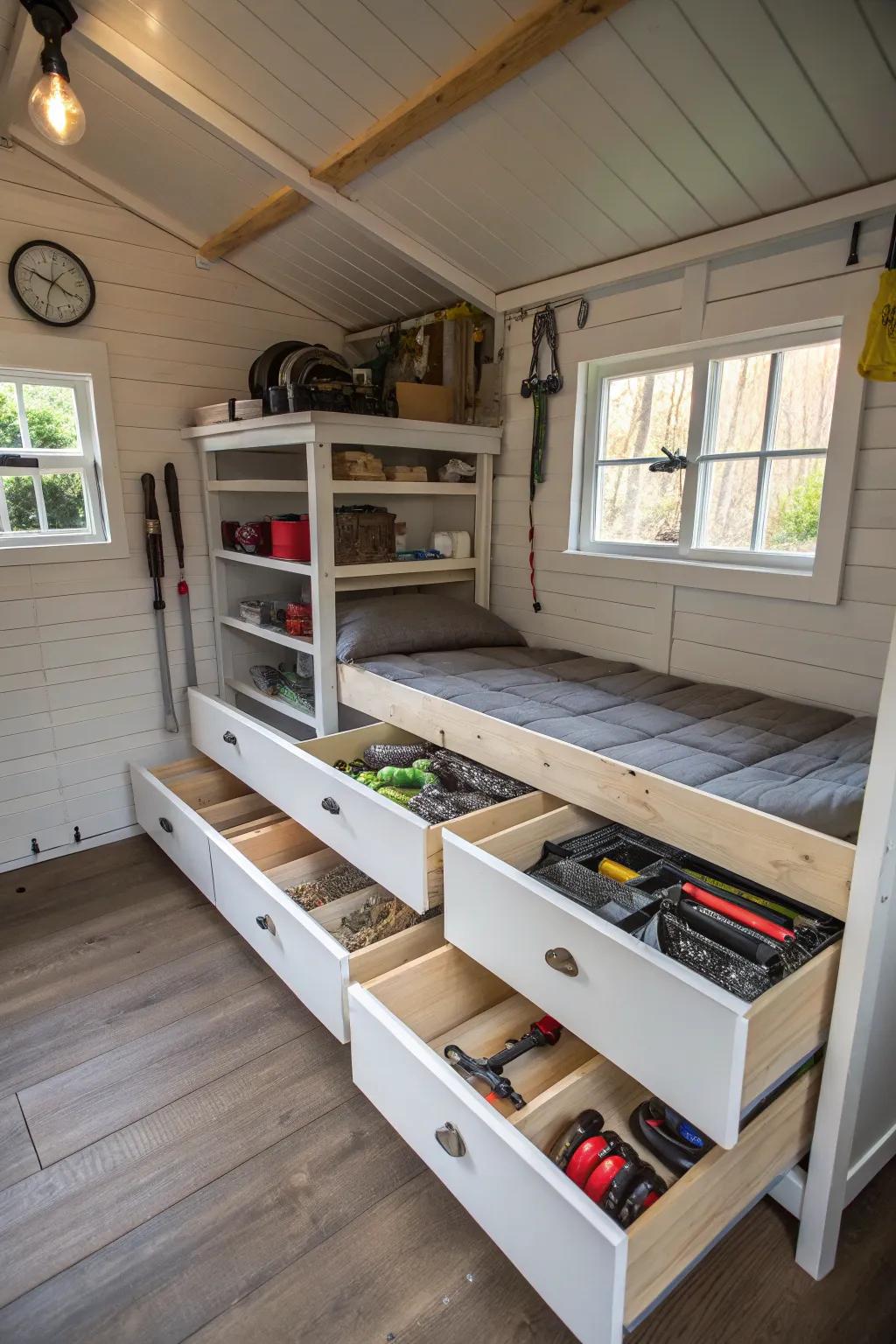 Clever storage ideas maintain an organized area.
