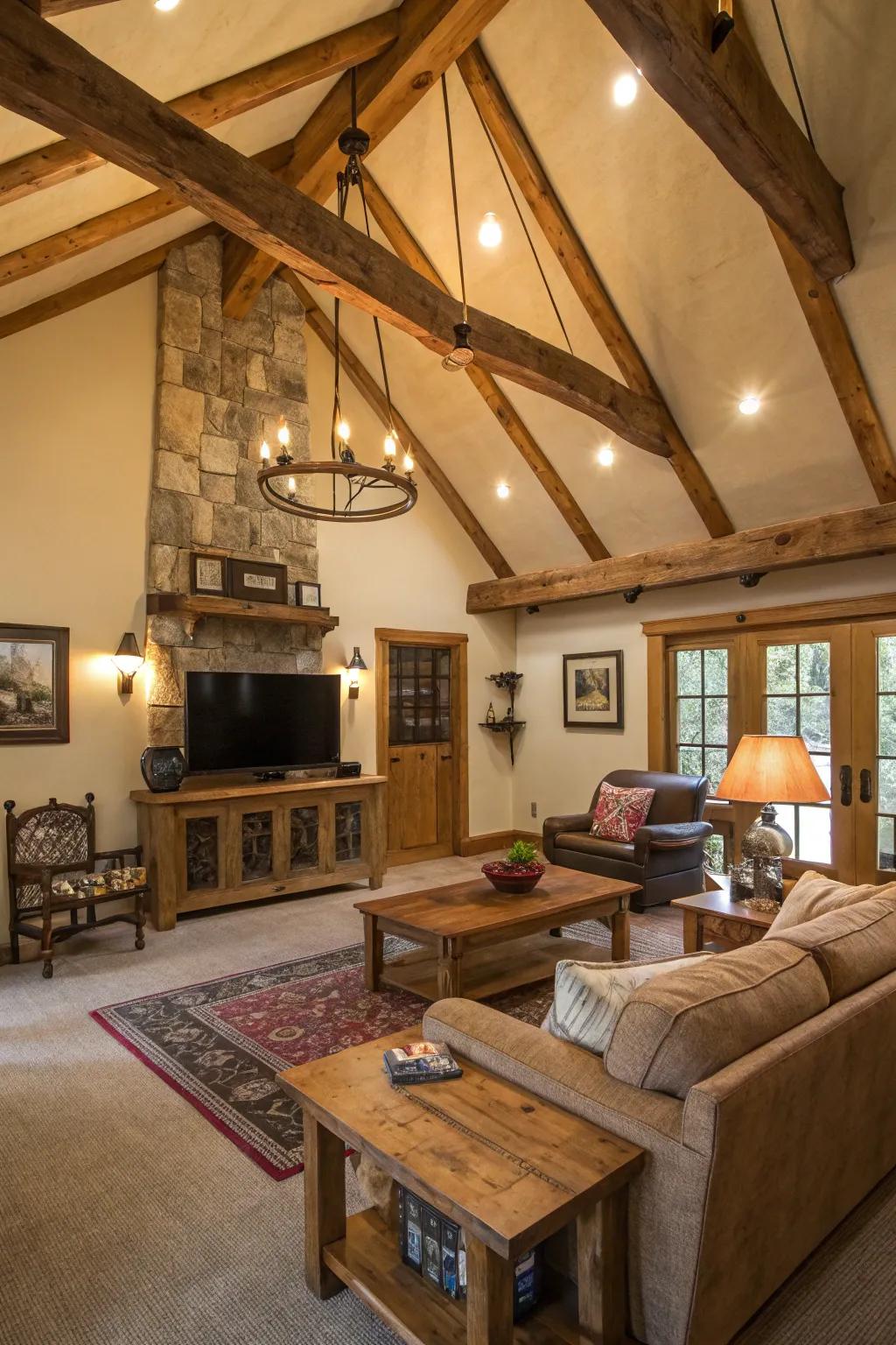 A rustic living room where exposed beams amplify character.