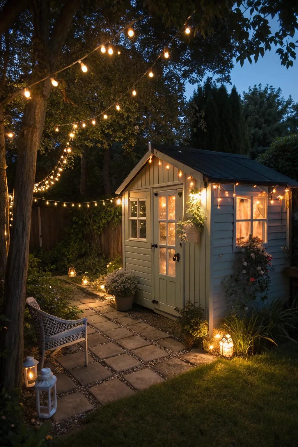 A garden shed glowing with imaginative lighting, fostering a magical ambiance.
