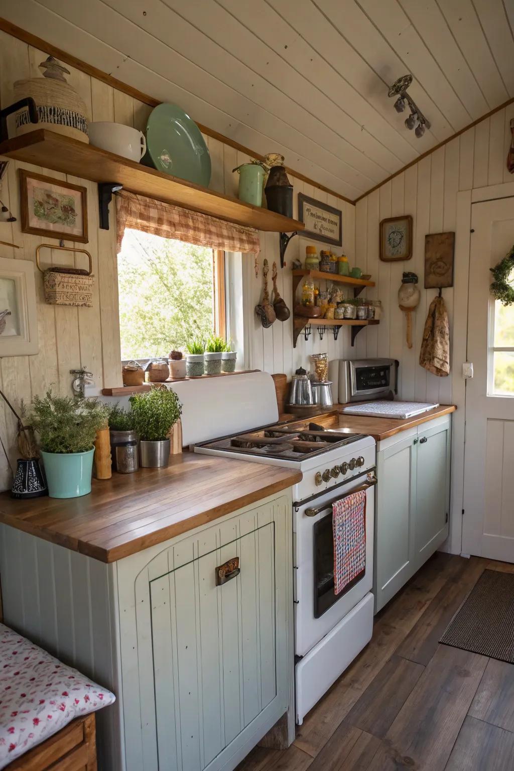 A compact garden shed home cooking area featuring classic elements.