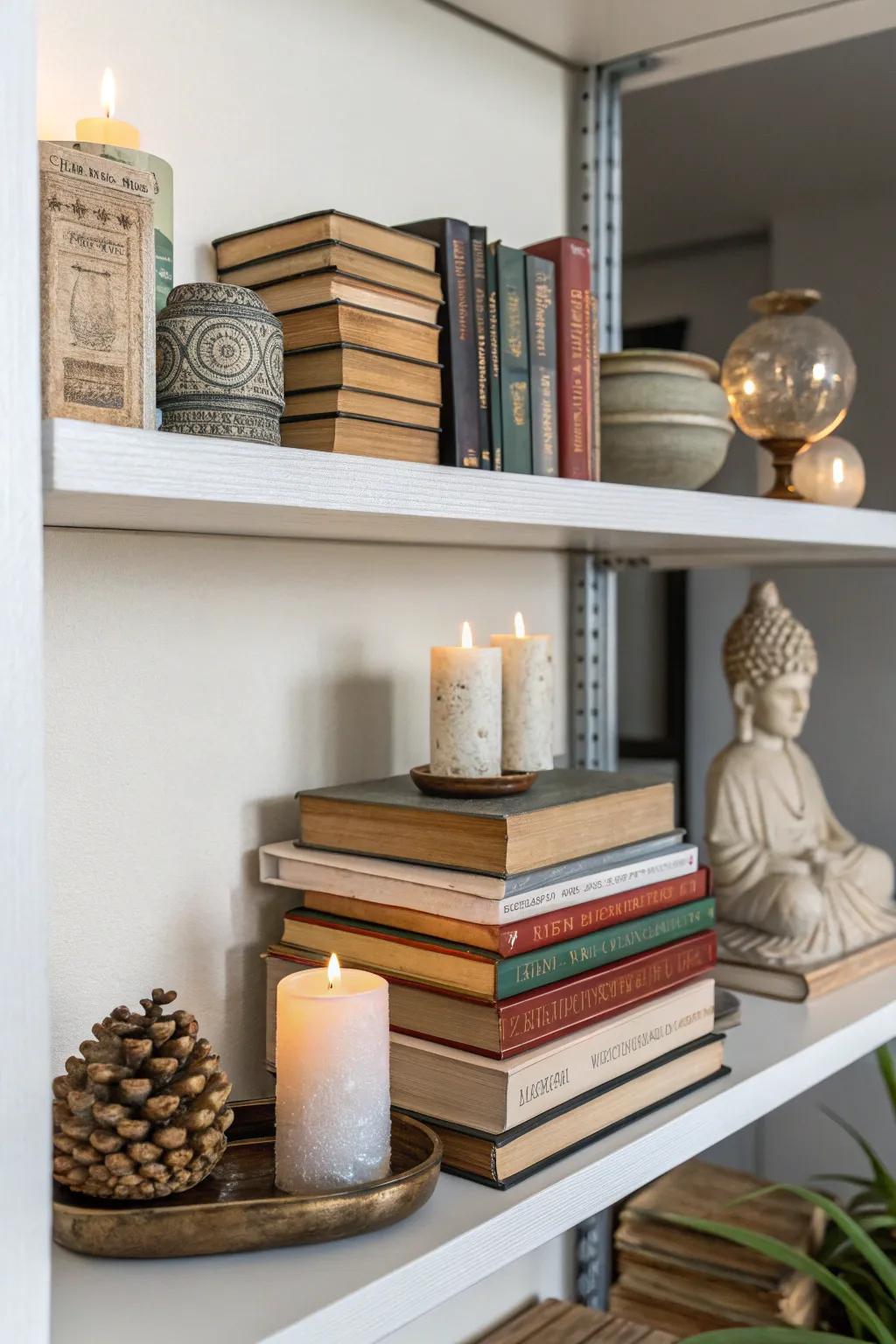 Layered literature with sculptures and votives enrich displays.