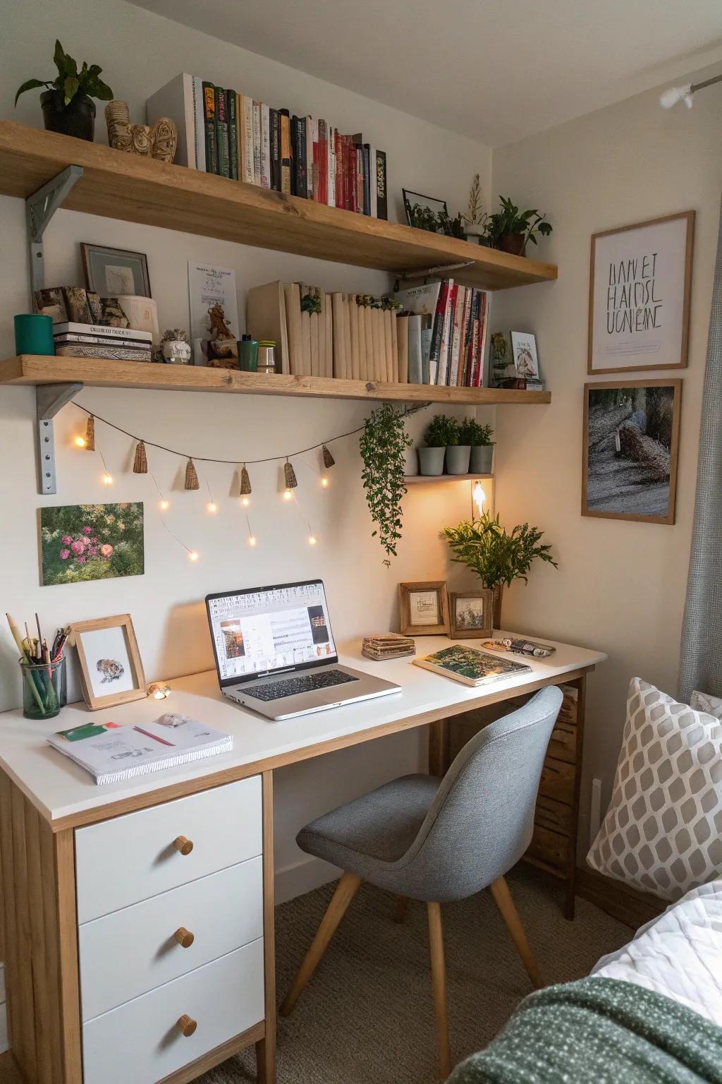 Integrated shelving above a desk makes for an organized workspace.