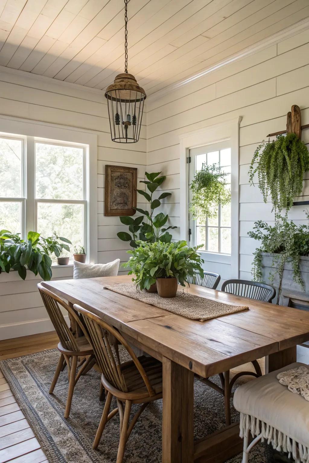 A dining space that showcases eco-conscious materials and shiplap walls.