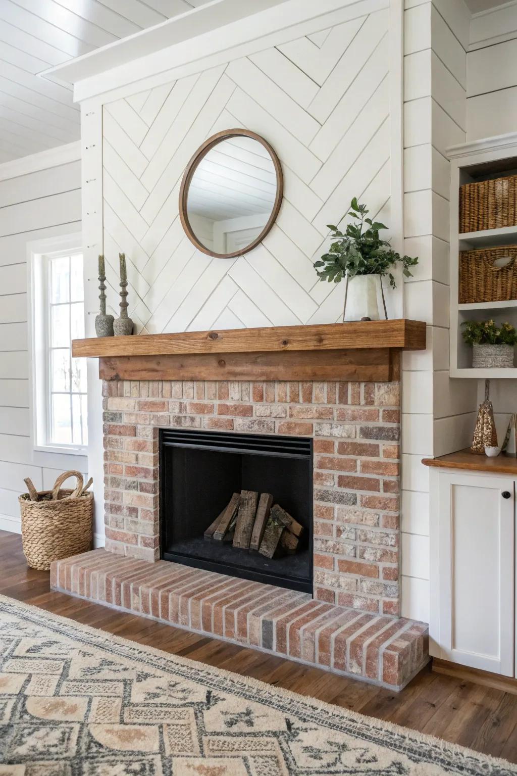 A combination of shiplap and brickwork enriches the fireplace with depth and texture.