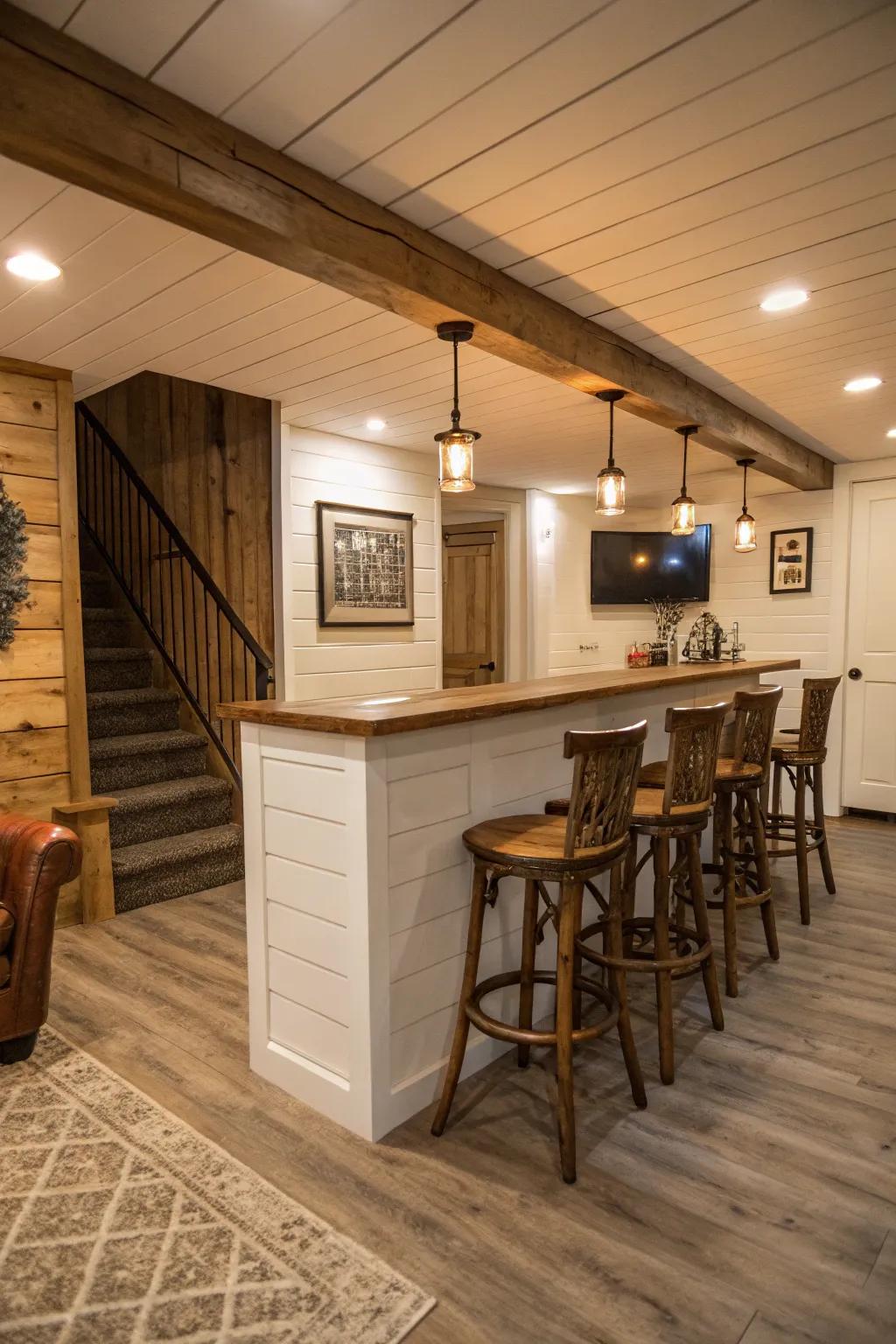 An attractive bar area amplified by shiplap.