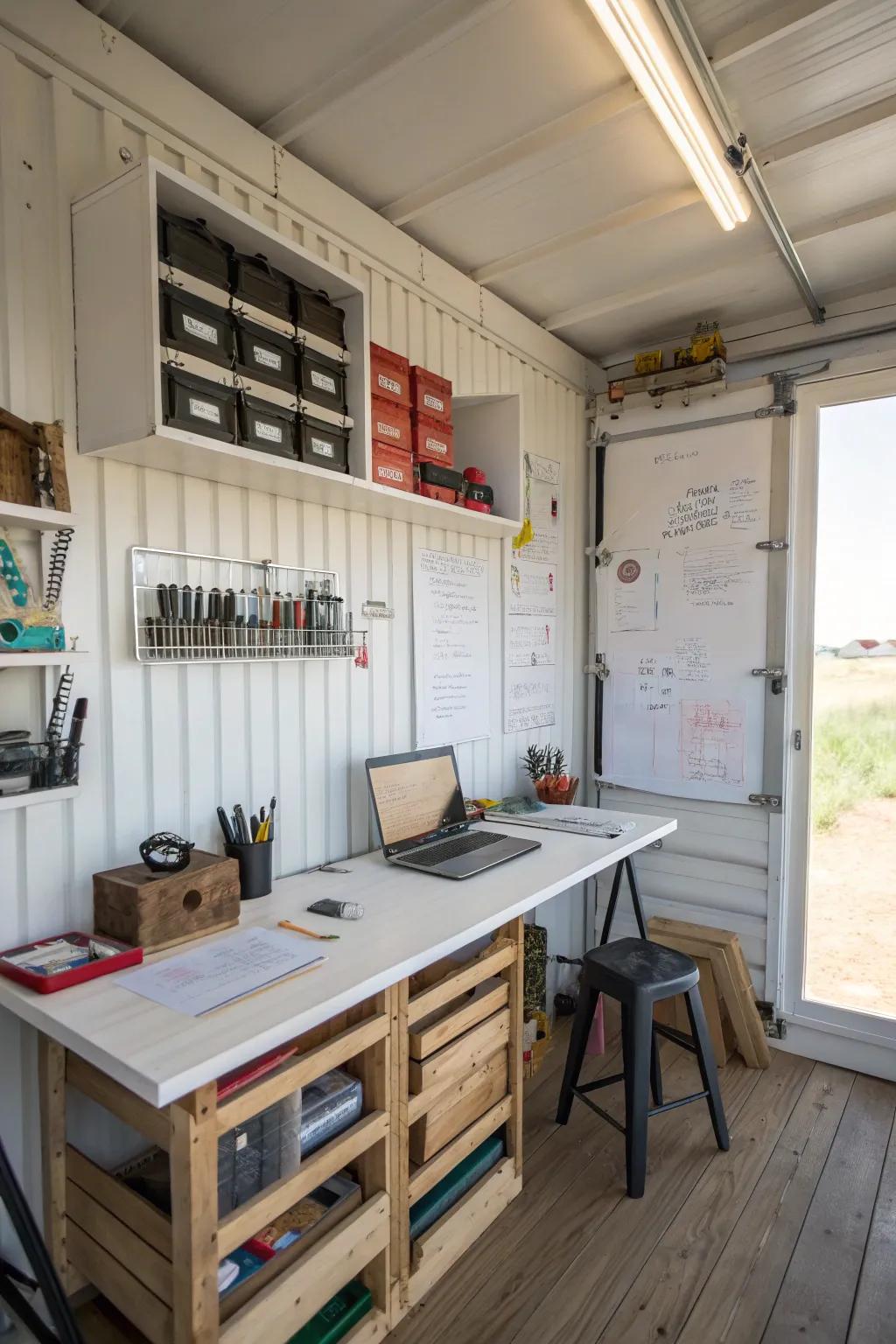 A multi-use area combining storage and creativity.