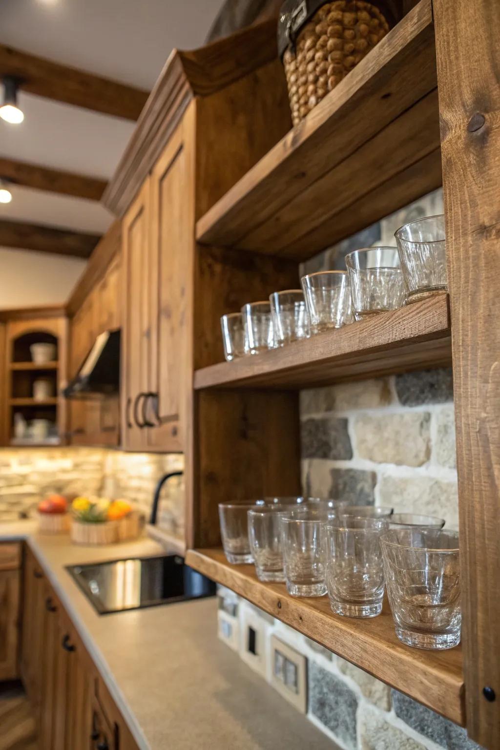 A farmhouse-style cooking space showcasing a country wood ledge adorned with shot glasses.