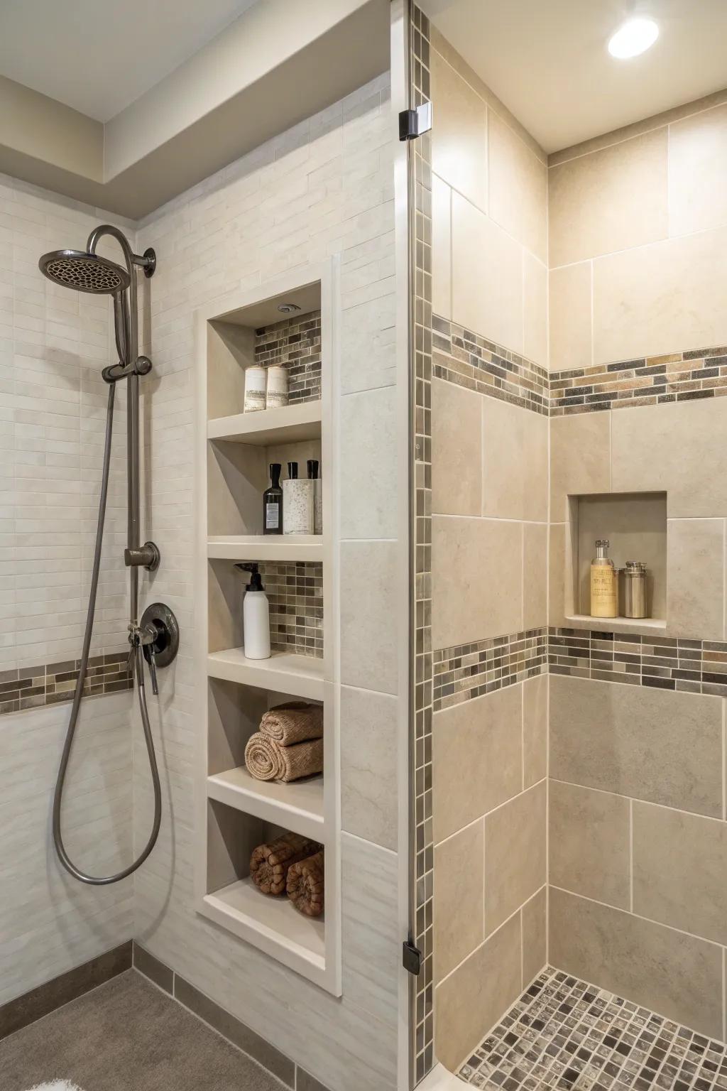 A shower equipped with custom built-in niches and elegant shelving.