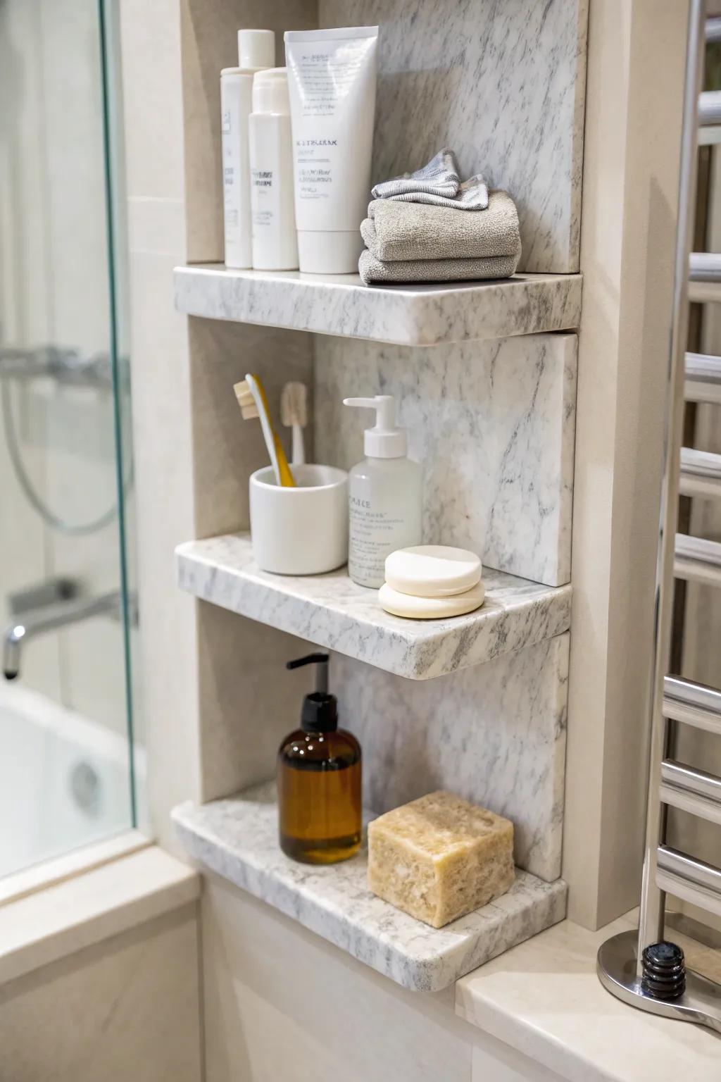 Corner shelves make efficient use of space in compact showers.
