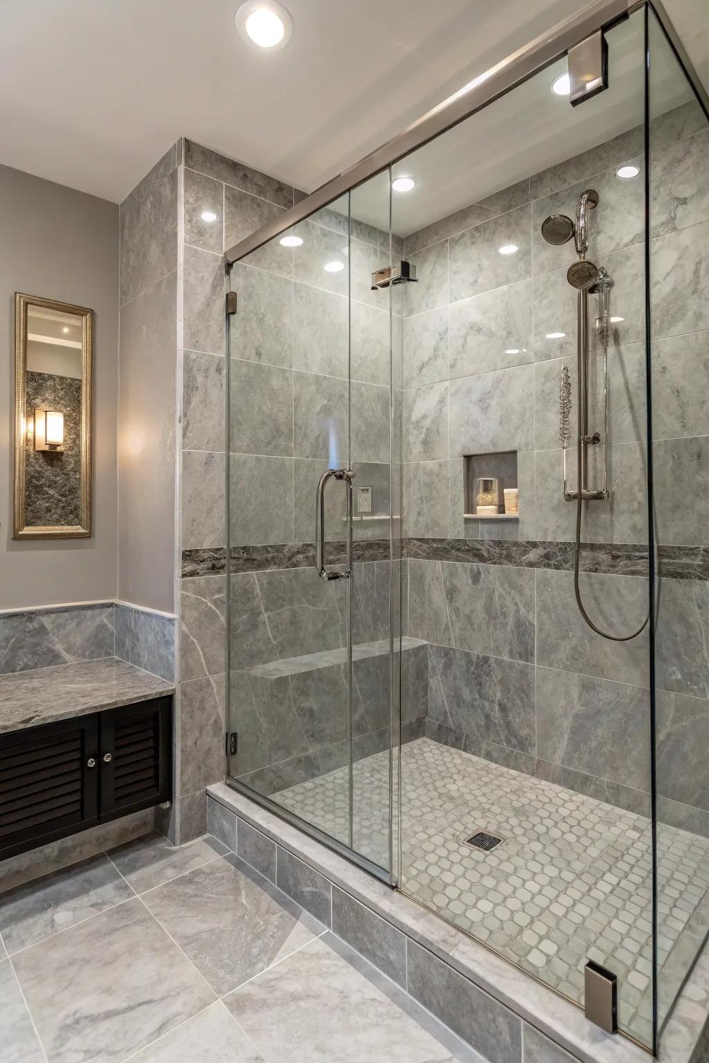 Lavish grey marble tiles in a shower.