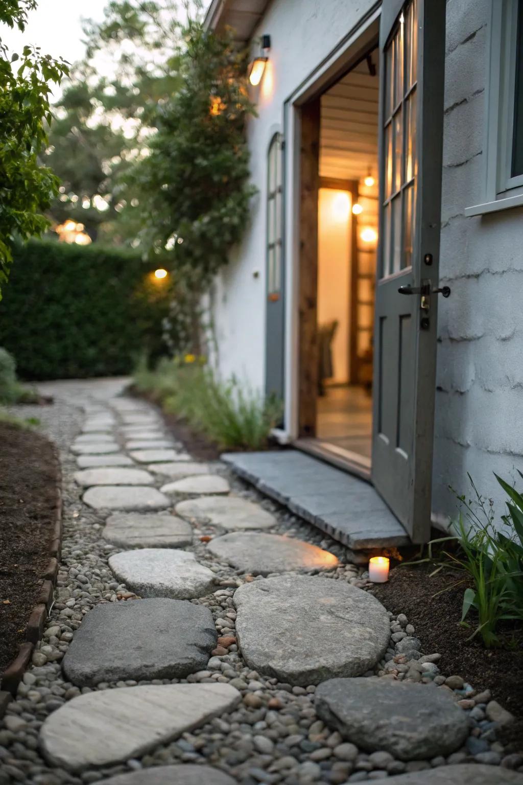 A charming stone pathway leading to a side entrance.