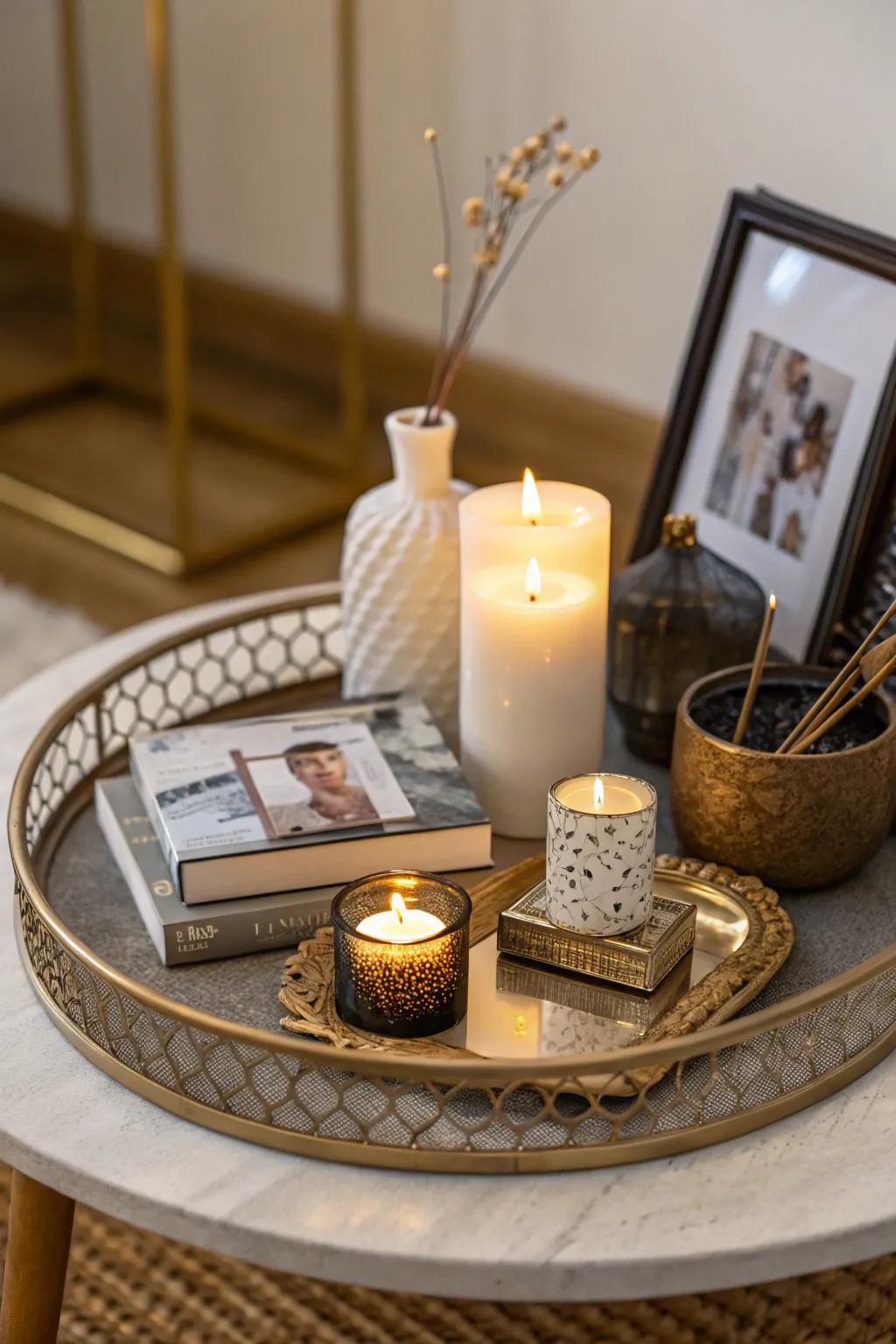 A side table neatly arranged with a stylish tray.
